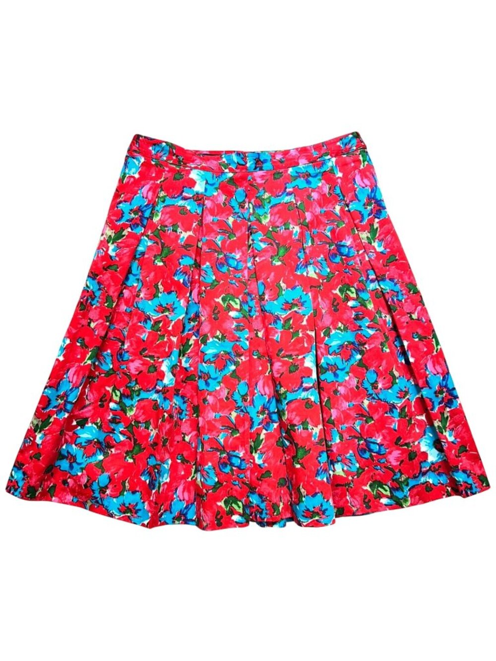 Talbots Women's Cotton Blend Pleated A-Line Skirt Sz 4p Red Blue Floral Back Zip